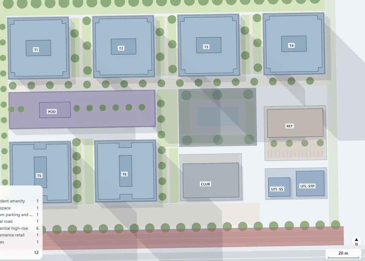The Silverleaf demonstration project in Masterplan's 2D view: six residential towers, podium parking, retail, clubhouse and utilities.