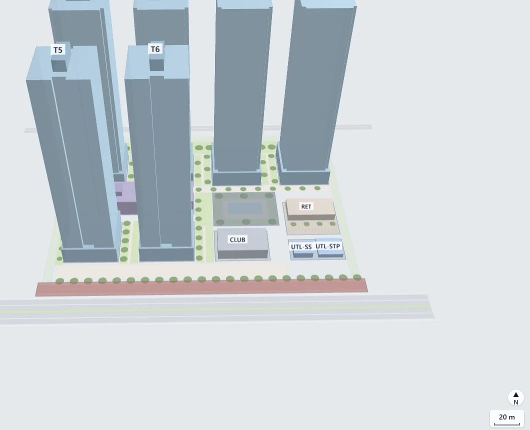OXXON Masterplan Intelligence: the 3D massing view of a demonstration development, with towers, podium, retail, clubhouse and utilities read from the architect's drawing.